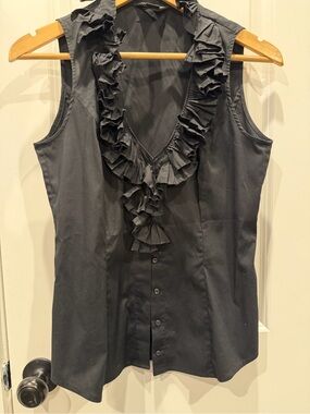 White House Black Market Black Ruffled V-Neck Sleeveless Blouse